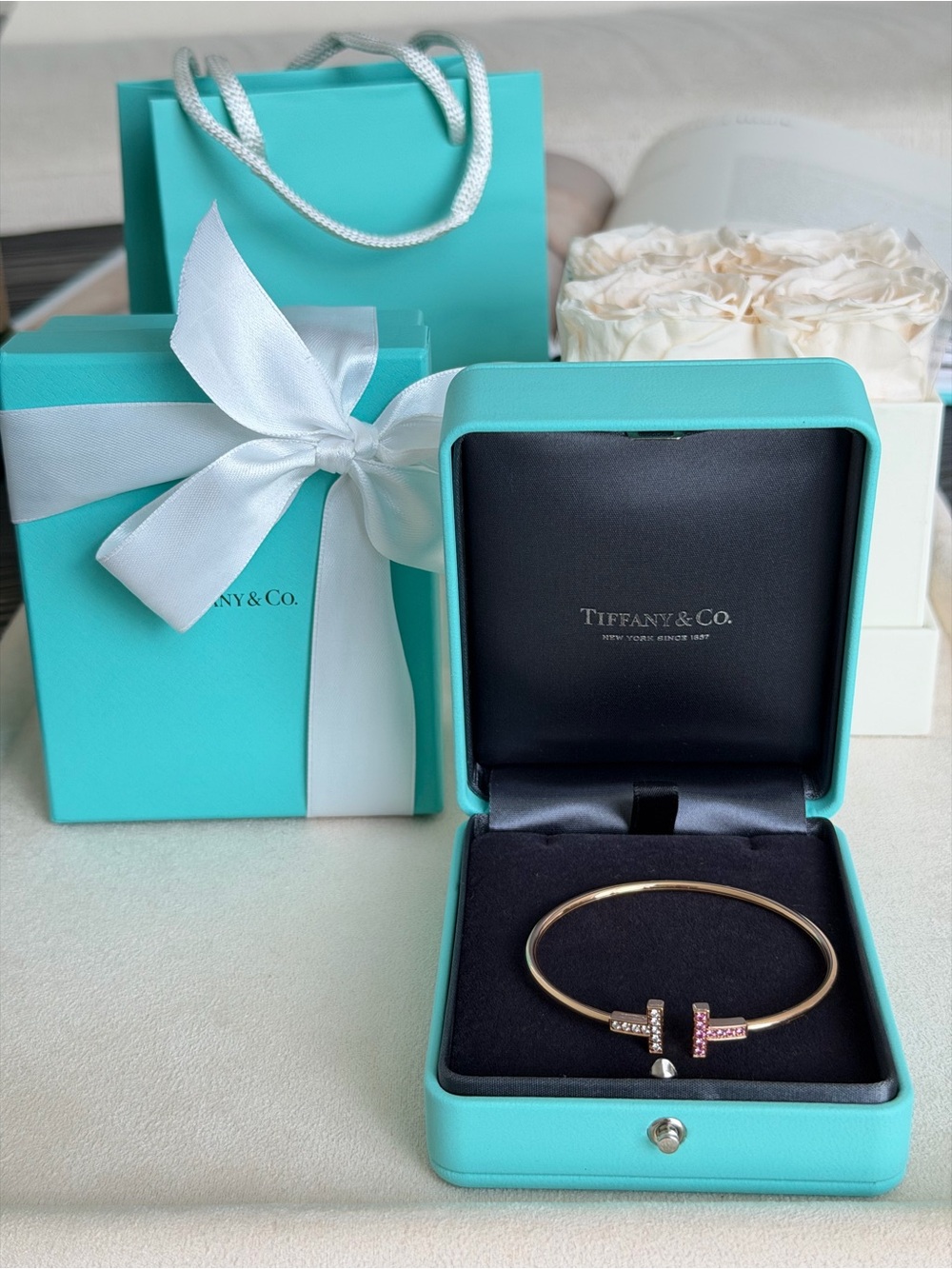 Tiffany & Co. T Wire Bracelet 18K Rose Gold Diamond Pink Sapphire Medium $5,500